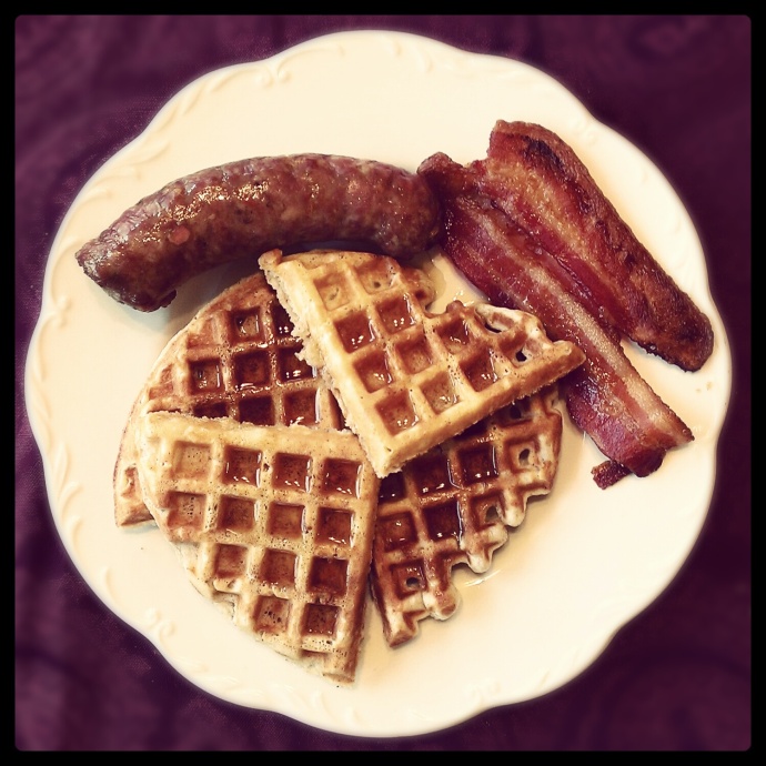 Here is an example of a typical Mo' D. breakfast. Fit for a lumberjack. Waffles, bacon, and Oberlin IGA's unbeatable Italian sausage.